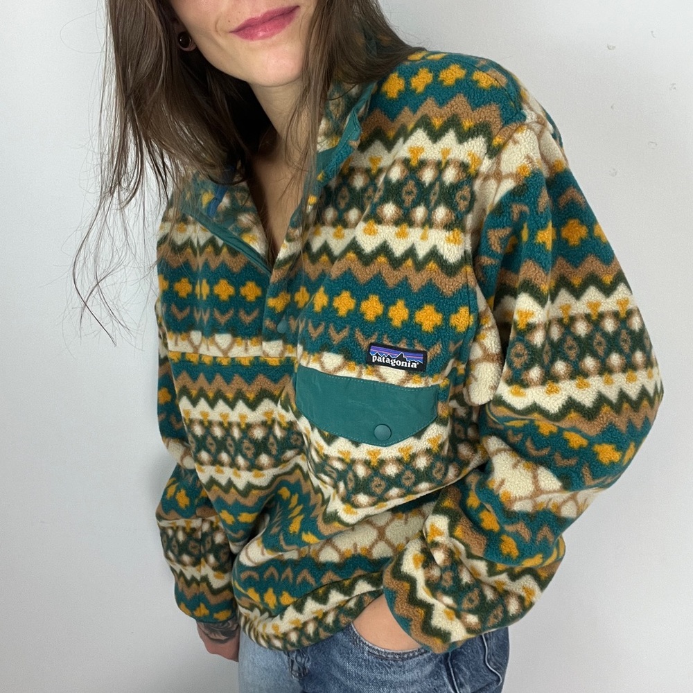 Patagonia Cliff Arbor Green Yellow Aztec Fleece T-Snap Synchilla Sweater
